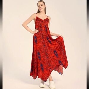 S Deer Elegant Red Paisley High Low Shoulder Dress